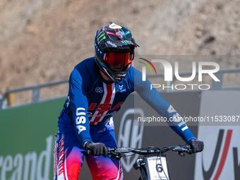 Luca Shaw of the USA participates in the UCI Mountain Bike World Championships Men Downhill in Pal Arinsal, Andorra, on August 31, 2024. (