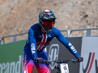 Luca Shaw of the USA participates in the UCI Mountain Bike World Championships Men Downhill in Pal Arinsal, Andorra, on August 31, 2024. (