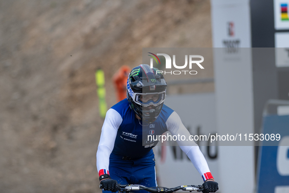 Loris Vergier of France participates in the UCI Mountain Bike World Championships Men Downhill in Pal Arinsal, Andorra, on August 31, 2024. 