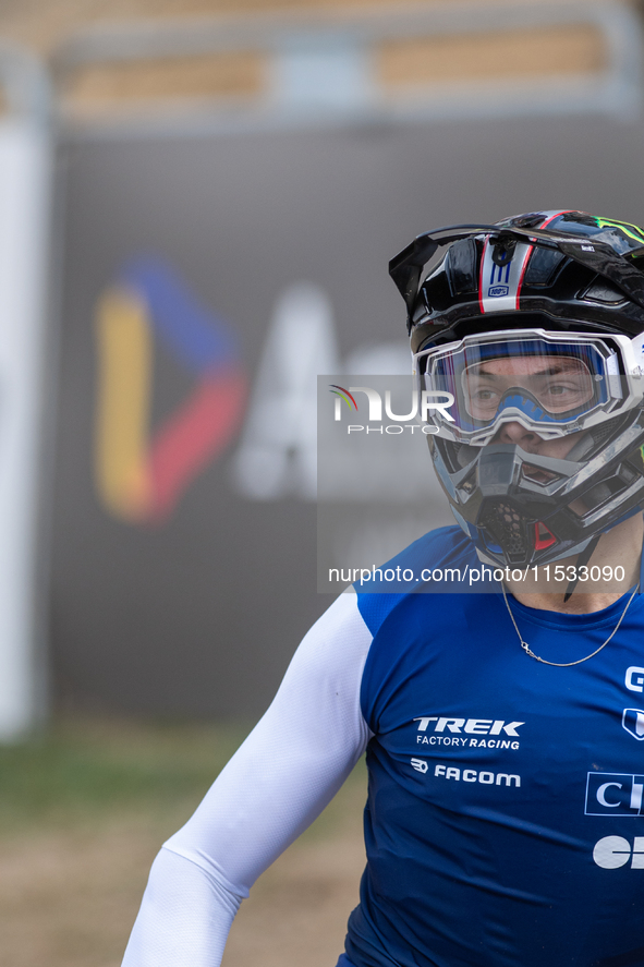 Loris Vergier of France participates in the UCI Mountain Bike World Championships Men Downhill in Pal Arinsal, Andorra, on August 31, 2024. 