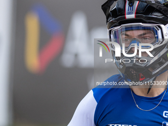 Loris Vergier of France participates in the UCI Mountain Bike World Championships Men Downhill in Pal Arinsal, Andorra, on August 31, 2024....