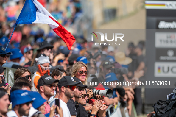 France fans attend the UCI Mountain Bike World Championships Men Downhill in Pal Arinsal, Andorra, on August 31, 2024. 