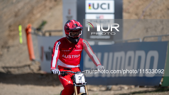 Andreas Kolb of Austria participates in the UCI Mountain Bike World Championships Men Downhill in Pal Arinsal, Andorra, on August 31, 2024. 