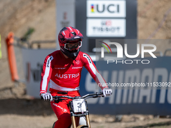 Andreas Kolb of Austria participates in the UCI Mountain Bike World Championships Men Downhill in Pal Arinsal, Andorra, on August 31, 2024....