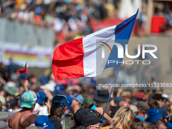 France fans attend the UCI Mountain Bike World Championships Men Downhill in Pal Arinsal, Andorra, on August 31, 2024. (