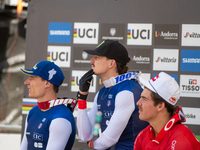 Riders await the definition of the race in the UCI Mountain Bike World Championships Men Downhill in Pal Arinsal, Andorra, on August 31, 202...