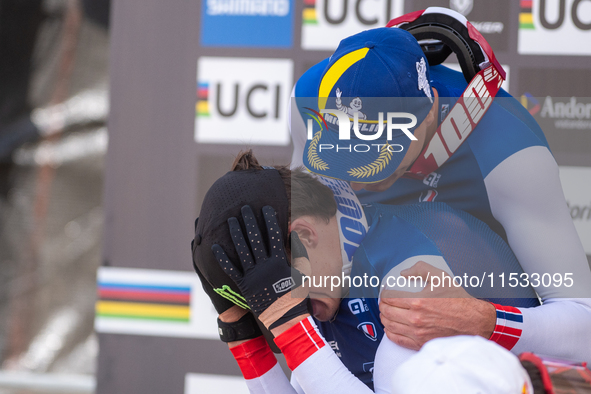 Loris Vergier wins the race in the UCI Mountain Bike World Championships Men Downhill Andorra 2024 in Pal Arinsal, Andorra, on August 31, 20...