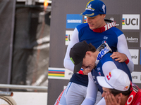 Riders await the definition of the race in the UCI Mountain Bike World Championships Men Downhill in Pal Arinsal, Andorra, on August 31, 202...