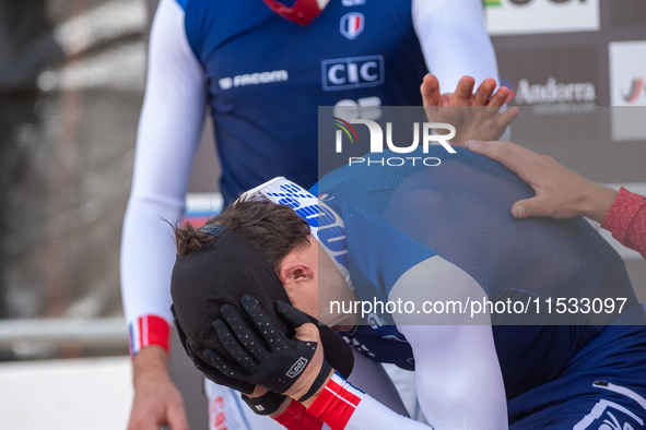 Loris Vergier wins the race in the UCI Mountain Bike World Championships Men Downhill Andorra 2024 in Pal Arinsal, Andorra, on August 31, 20...