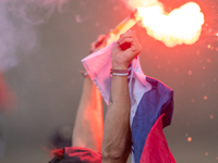 France fans attend the UCI Mountain Bike World Championships Men Downhill in Pal Arinsal, Andorra, on August 31, 2024. (