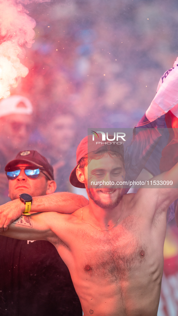 France fans attend the UCI Mountain Bike World Championships Men Downhill in Pal Arinsal, Andorra, on August 31, 2024. 