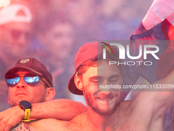 France fans attend the UCI Mountain Bike World Championships Men Downhill in Pal Arinsal, Andorra, on August 31, 2024. (