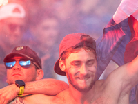 France fans attend the UCI Mountain Bike World Championships Men Downhill in Pal Arinsal, Andorra, on August 31, 2024. (