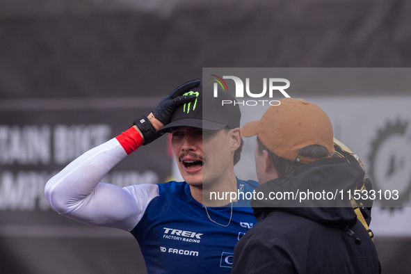 Loris Vergier wins the race in the UCI Mountain Bike World Championships Men Downhill Andorra 2024 in Pal Arinsal, Andorra, on August 31, 20...