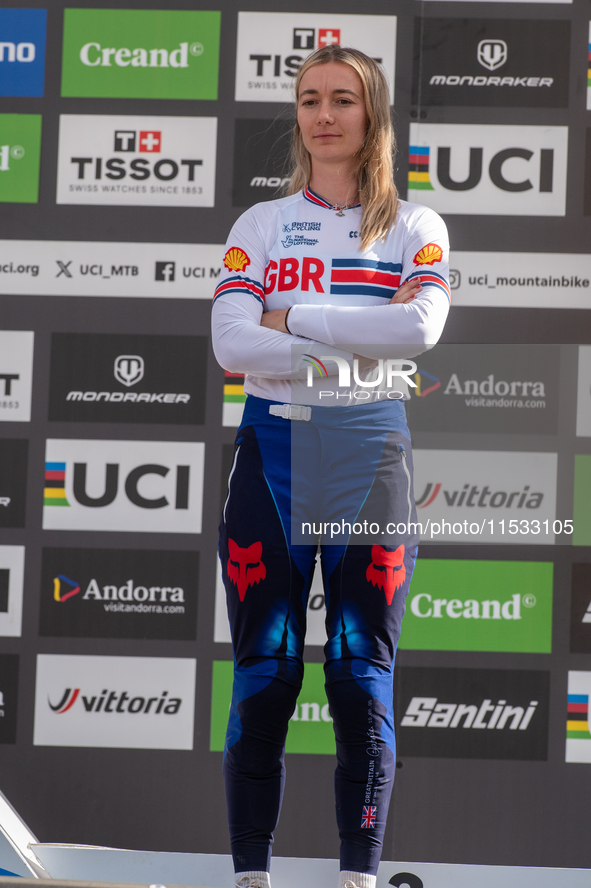 Tahnee Seagrave of Great Britain stands on the podium at the UCI Mountain Bike World Championships Women Downhill in Pal Arinsal, Andorra, o...