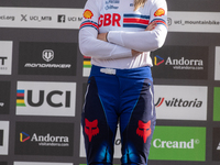 Tahnee Seagrave of Great Britain stands on the podium at the UCI Mountain Bike World Championships Women Downhill in Pal Arinsal, Andorra, o...