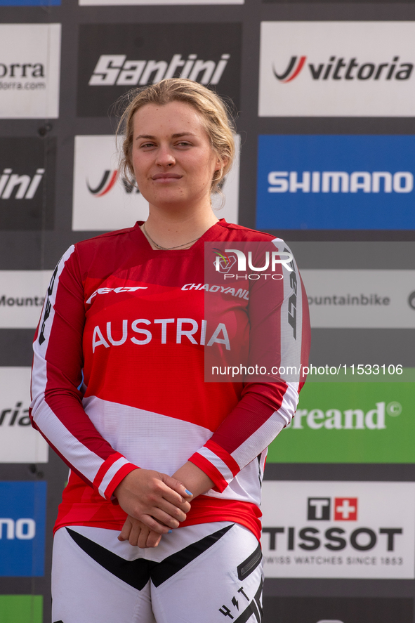 Valentina Holl of Austria competes in the UCI Mountain Bike World Championships Women Downhill in Pal Arinsal, Andorra, on August 31, 2024. 