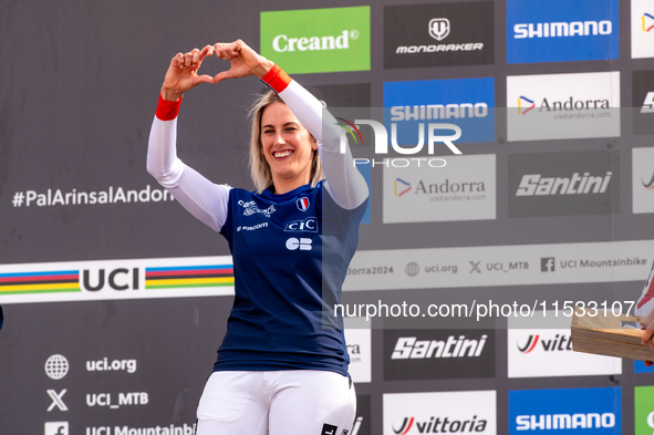 Myriam Nicole of France participates in the UCI Mountain Bike World Championships Women Downhill in Pal Arinsal, Andorra, on August 31, 2024...