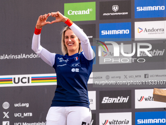 Myriam Nicole of France participates in the UCI Mountain Bike World Championships Women Downhill in Pal Arinsal, Andorra, on August 31, 2024...