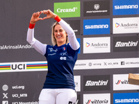 Myriam Nicole of France participates in the UCI Mountain Bike World Championships Women Downhill in Pal Arinsal, Andorra, on August 31, 2024...