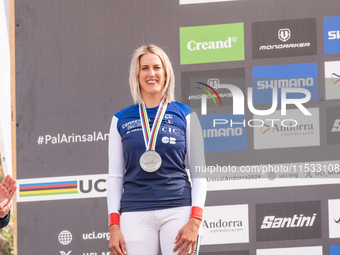 Myriam Nicole of France participates in the UCI Mountain Bike World Championships Women Downhill in Pal Arinsal, Andorra, on August 31, 2024...