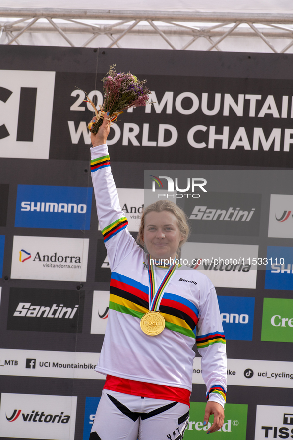 Valentina Holl of Austria competes in the UCI Mountain Bike World Championships Women Downhill in Pal Arinsal, Andorra, on August 31, 2024. 