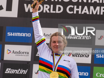 Valentina Holl of Austria competes in the UCI Mountain Bike World Championships Women Downhill in Pal Arinsal, Andorra, on August 31, 2024....