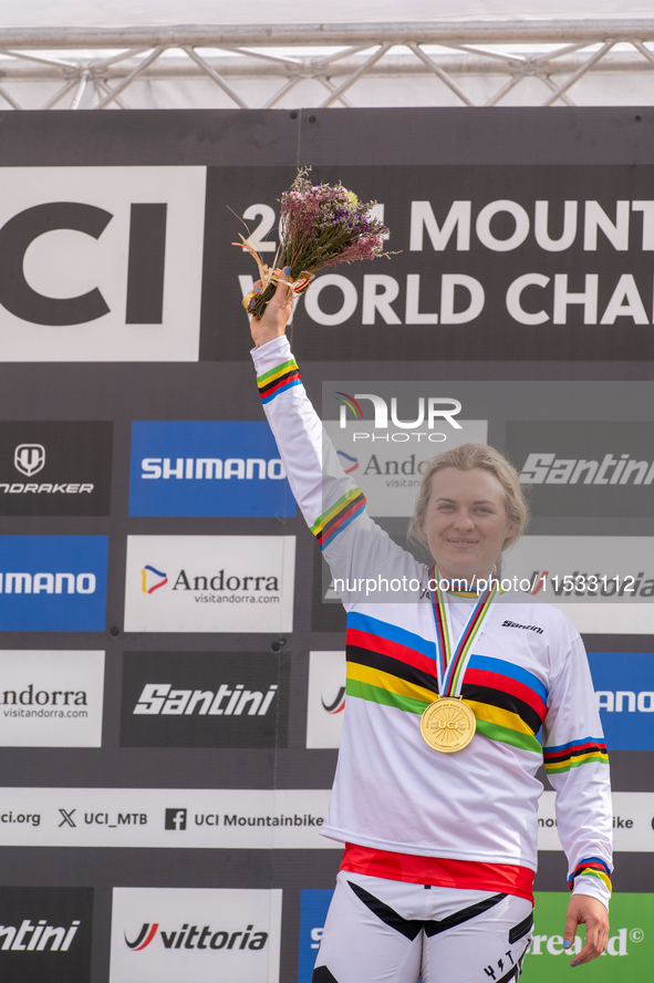 Valentina Holl of Austria competes in the UCI Mountain Bike World Championships Women Downhill in Pal Arinsal, Andorra, on August 31, 2024. 