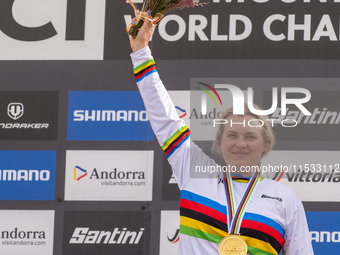 Valentina Holl of Austria competes in the UCI Mountain Bike World Championships Women Downhill in Pal Arinsal, Andorra, on August 31, 2024....