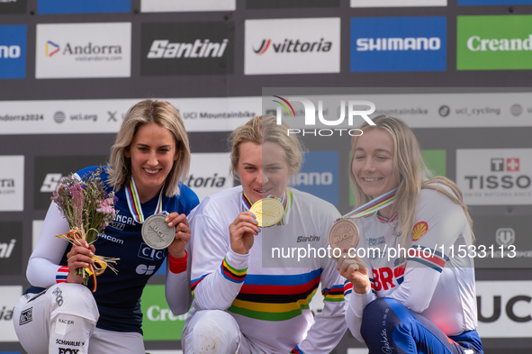 In Pal Arinsal, Andorra, on August 30, 2024, Valentina Hoff of Austria, Tahnee Seagrave of Great Britain, and Myriam Nicole of France partic...