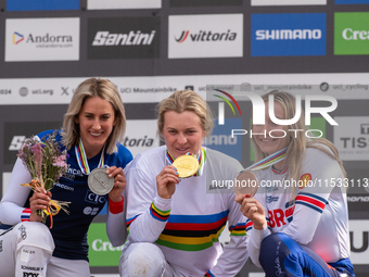 In Pal Arinsal, Andorra, on August 30, 2024, Valentina Hoff of Austria, Tahnee Seagrave of Great Britain, and Myriam Nicole of France partic...