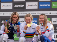 In Pal Arinsal, Andorra, on August 30, 2024, Valentina Hoff of Austria, Tahnee Seagrave of Great Britain, and Myriam Nicole of France partic...