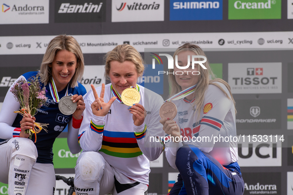 In Pal Arinsal, Andorra, on August 30, 2024, Valentina Hoff of Austria, Tahnee Seagrave of Great Britain, and Myriam Nicole of France partic...