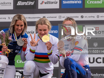 In Pal Arinsal, Andorra, on August 30, 2024, Valentina Hoff of Austria, Tahnee Seagrave of Great Britain, and Myriam Nicole of France partic...