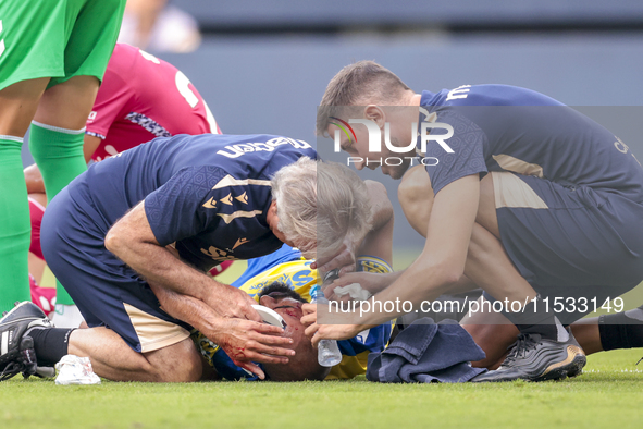 Rafael ''Fali'' Jimenez of Cadiz CF lies injured on the field during the Liga Hypermotion match between Cadiz CF and CD Tenerife at Nuevo Mi...