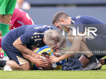 Rafael ''Fali'' Jimenez of Cadiz CF lies injured on the field during the Liga Hypermotion match between Cadiz CF and CD Tenerife at Nuevo Mi...