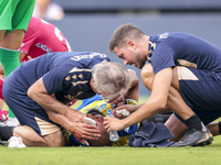 Rafael ''Fali'' Jimenez of Cadiz CF lies injured on the field during the Liga Hypermotion match between Cadiz CF and CD Tenerife at Nuevo Mi...