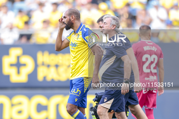 Rafael ''Fali'' Jimenez of Cadiz CF lies injured on the field during the Liga Hypermotion match between Cadiz CF and CD Tenerife at Nuevo Mi...