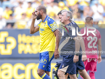 Rafael ''Fali'' Jimenez of Cadiz CF lies injured on the field during the Liga Hypermotion match between Cadiz CF and CD Tenerife at Nuevo Mi...