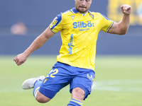 Javi Ontiveros of Cadiz CF makes a center to the area during the Liga Hypermotion match between Cadiz CF and CD Tenerife at Nuevo Mirandilla...