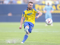 Javi Ontiveros of Cadiz CF makes a center to the area during the Liga Hypermotion match between Cadiz CF and CD Tenerife at Nuevo Mirandilla...