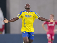 Francisco Mwepu of Cadiz CF celebrates a goal during the Liga Hypermotion match between Cadiz CF and CD Tenerife at Nuevo Mirandilla in Sevi...