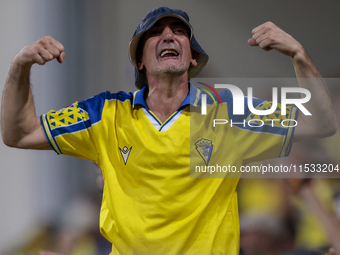 Fans of Cadiz CF celebrate a goal during the Liga Hypermotion match between Cadiz CF and CD Tenerife at Nuevo Mirandilla in Seville, Spain,...