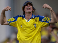 Fans of Cadiz CF celebrate a goal during the Liga Hypermotion match between Cadiz CF and CD Tenerife at Nuevo Mirandilla in Seville, Spain,...