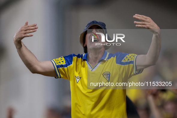 Fans of Cadiz CF celebrate a goal during the Liga Hypermotion match between Cadiz CF and CD Tenerife at Nuevo Mirandilla in Seville, Spain,...