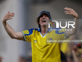 Fans of Cadiz CF celebrate a goal during the Liga Hypermotion match between Cadiz CF and CD Tenerife at Nuevo Mirandilla in Seville, Spain,...