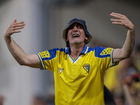 Fans of Cadiz CF celebrate a goal during the Liga Hypermotion match between Cadiz CF and CD Tenerife at Nuevo Mirandilla in Seville, Spain,...