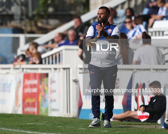 Braintree Town manager Angelo Harrop during the Vanarama National League match between Hartlepool United and Braintree Town at Victoria Park...