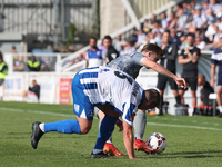 David Ferguson of Hartlepool United battles for possession with Tom Blackwell of Braintree Town during the Vanarama National League match be...