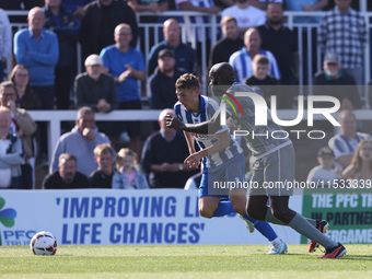 Joe Grey of Hartlepool United battles with Inih Effiong of Braintree Town during the Vanarama National League match between Hartlepool Unite...